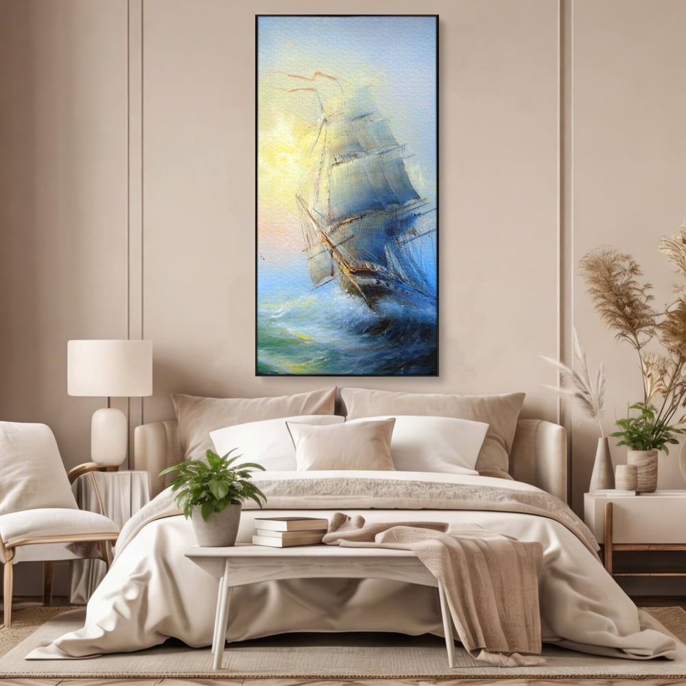 Tablou canvas cu pictura cu vapor pe valuri furtunoase, in rama de aluminiu negru, pe perete intr-un dormitor